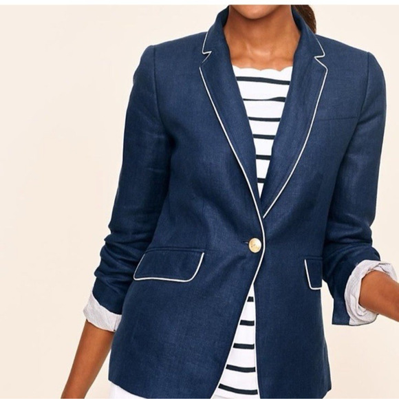 Talbots Blazer Womens 16 Navy Blue Linen Long Sleeve Lined One Button Jacket - Picture 1 of 6